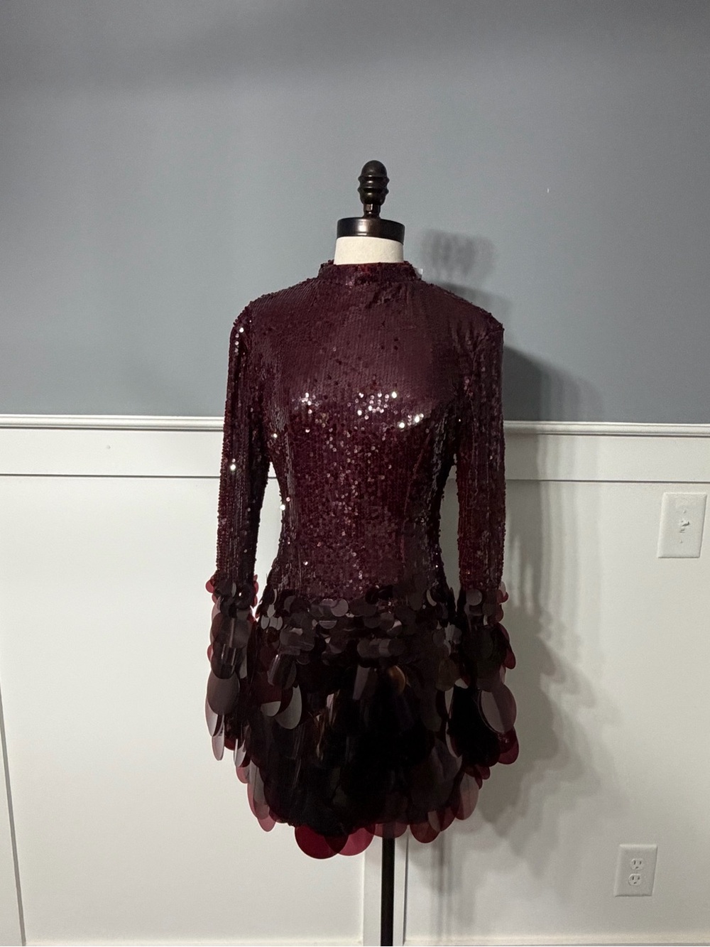AKIRA Burgundy Sequin Midi Dress with Oversized Paillettes